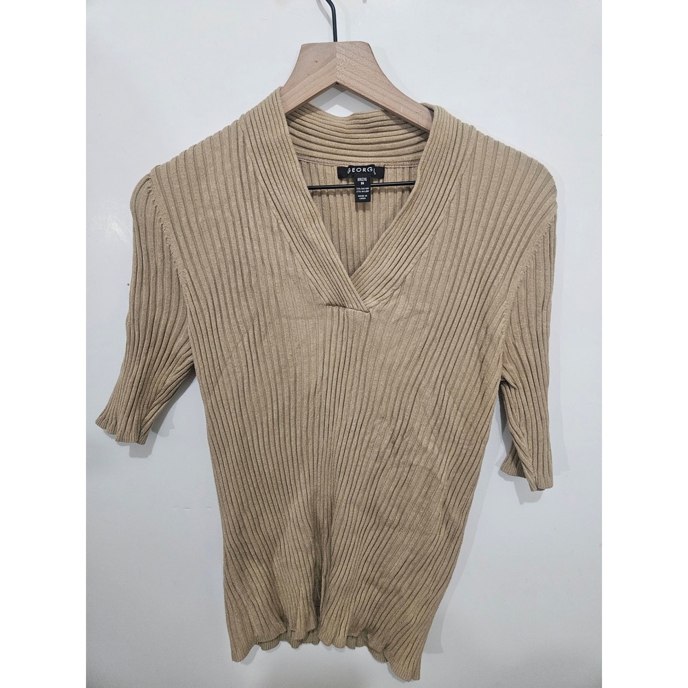 George Womens XXL Tan Ribbed Knit V-Neck Short Sleeve Sweater Top Size 20